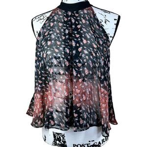 BCBGeneration Black top Pink Sheer Floral Garland Neck Tunic Tank Blouse size S